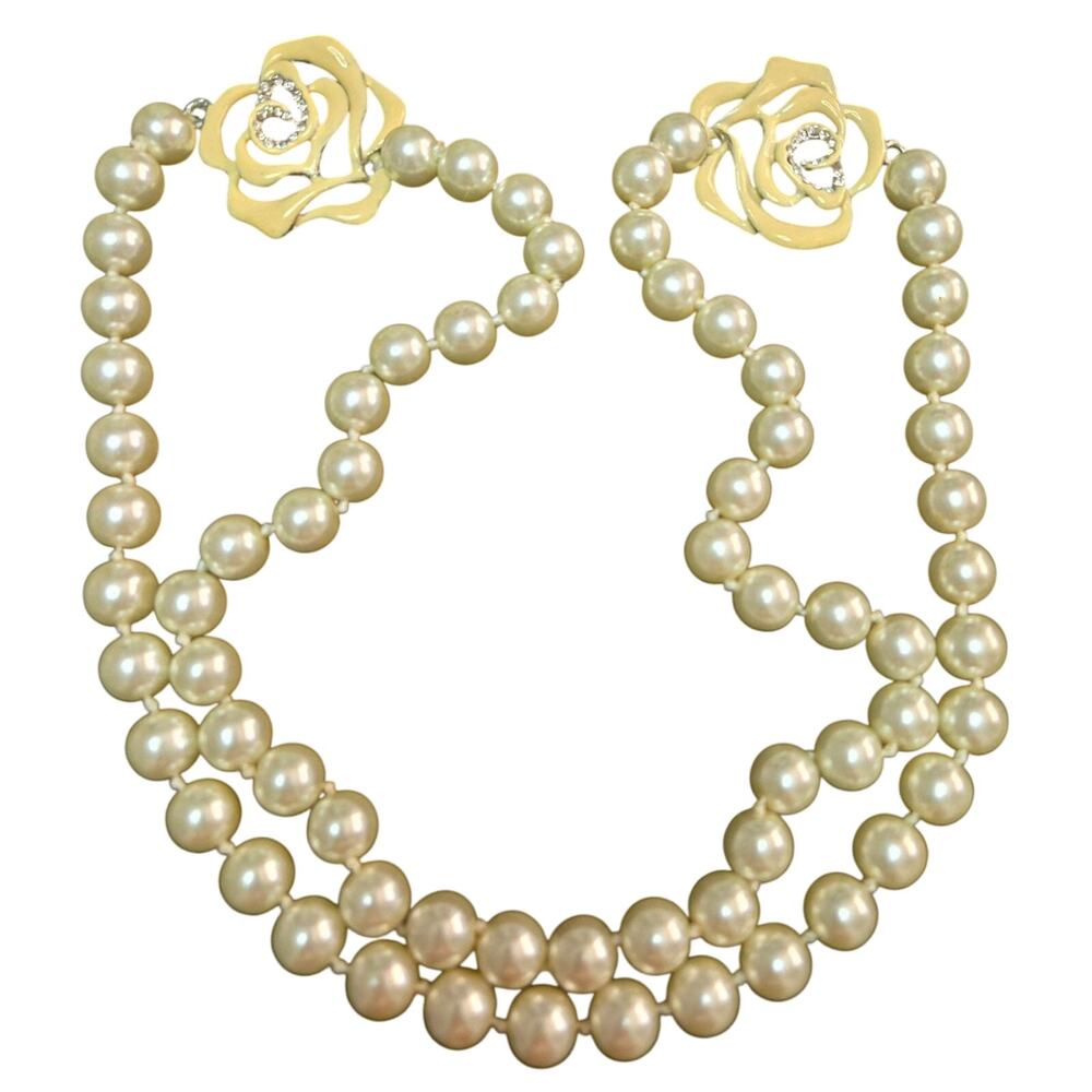 Glass Pearls and Enamel Roses Long Hand-Knotted Beaded Necklace